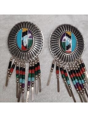 Vintage Native American Zuni sterling silver Inlaid Stone Earrings **See Disc**